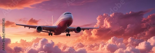 a commercial airliner flying above a layer of puffy orange colored clouds against a vibrant pink sunset, aircraft, clouds, daytime