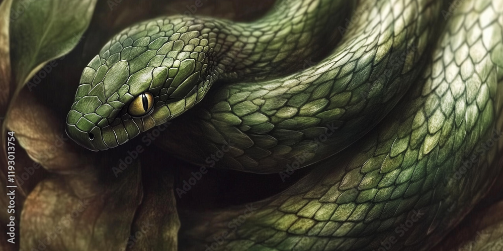 Fototapeta premium Close-Up of a Green Snake Among Leaves
