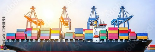 Cargo Ship at Sea with Stacked Containers and Cranes in Port - Maritime Logistics Scene photo