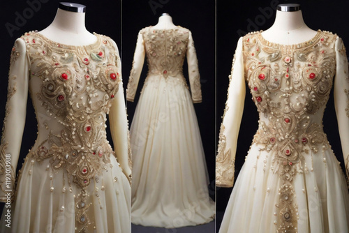 A classic frock with embroidered pearls and beads.camera wide angle front side full dress