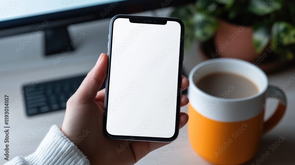 Minimalist workspace with a blank mobile screen in focus, a desktop monitor in the distance, and a hot drink.