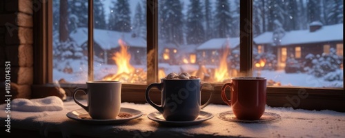 A crackling fireplace provides a cozy backdrop for a steaming mug of hot cocoa atop a snowy scene outside the windowpane , crackling, snug, mug photo