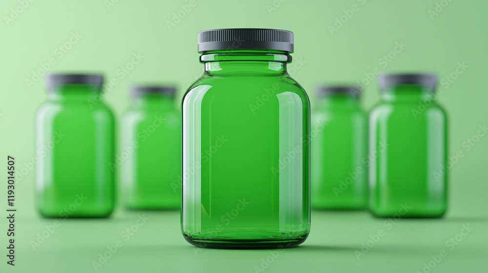 Five green glass bottles with black lids on a green background. Five green glass bottles with black lids on a green background.