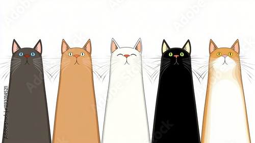 Five cartoon cats with long whiskers in a row.