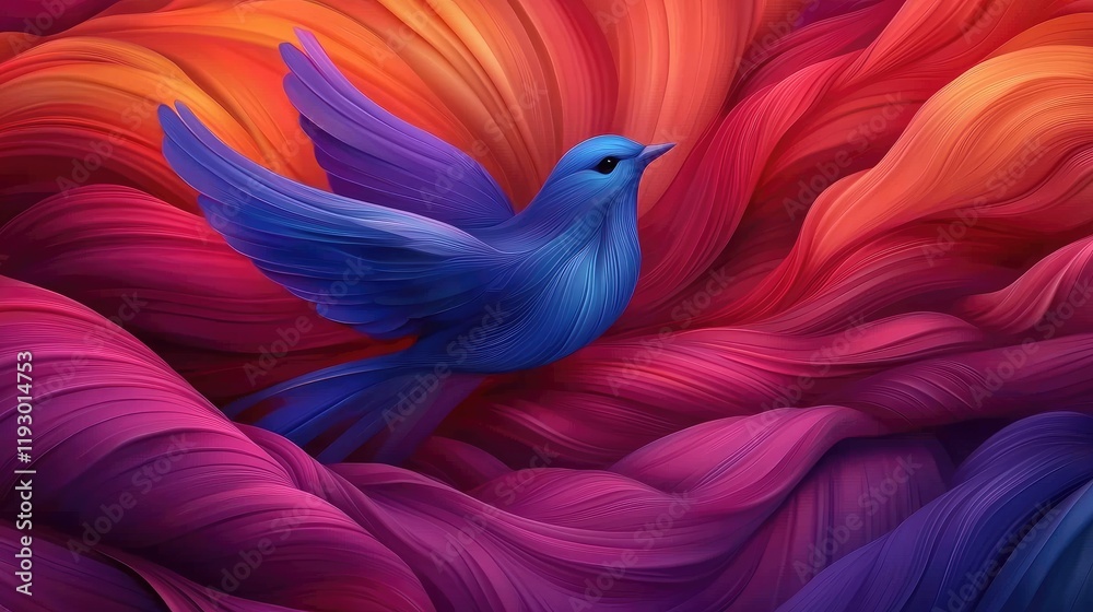 Obraz premium Vibrant blue bird soaring through colorful waves of colorful abstract textures digital artwork artistic expression