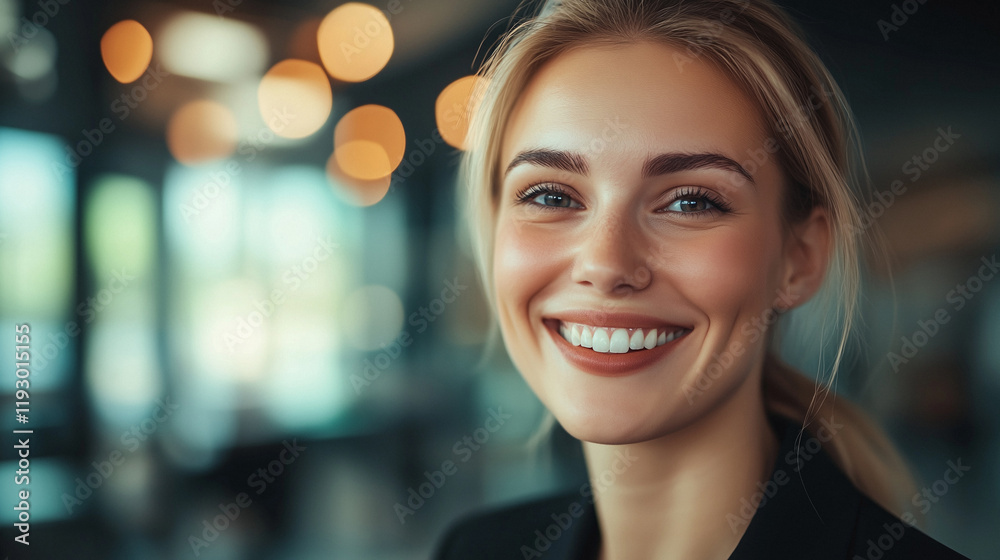 Obraz premium Portrait of a smiling young businesswoman in a black blazer and white blouse, standing in a professional modern office setting with natural lighting.
