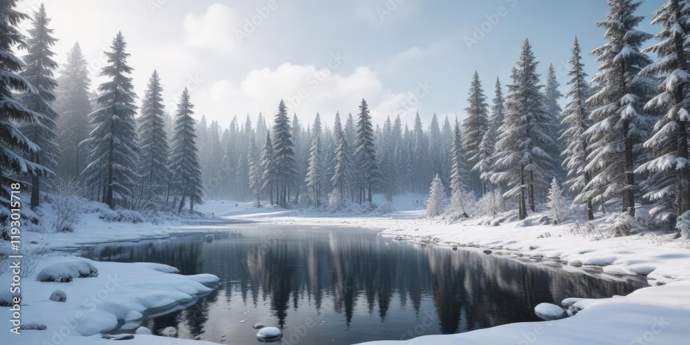 Fototapeta premium A snowy forest with snow-covered trees and a frozen lake in the background, frosted glass, snowflake, landscape photography