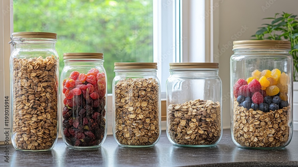 Rustic Kitchen Counter with Jars of Plant-Based Ingredients Rustic Kitchen Counter with Jars of Plant-Based Ingredients