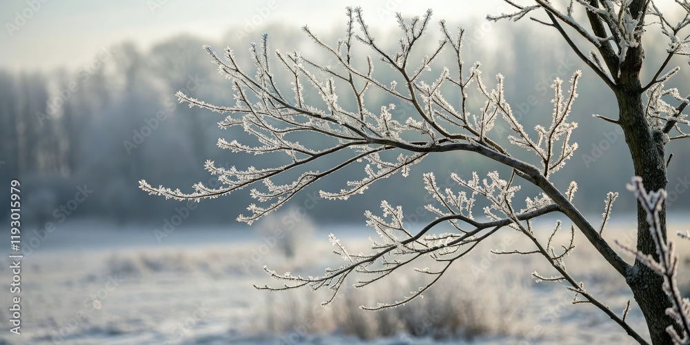 Obraz premium A layer of frost forms on a leafless tree branch transforming it into a crystal-covered sculpture, cold weather effects, frosty sculptures, frozen landscapes, frosty layers, bare tree branches