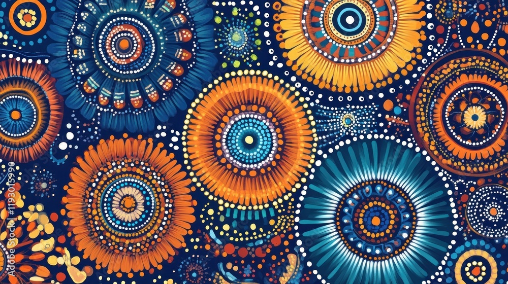 A vibrant abstract pattern featuring circular designs in blue, orange, and white hues. A vibrant abstract pattern featuring circular designs in blue, orange, and white hues.