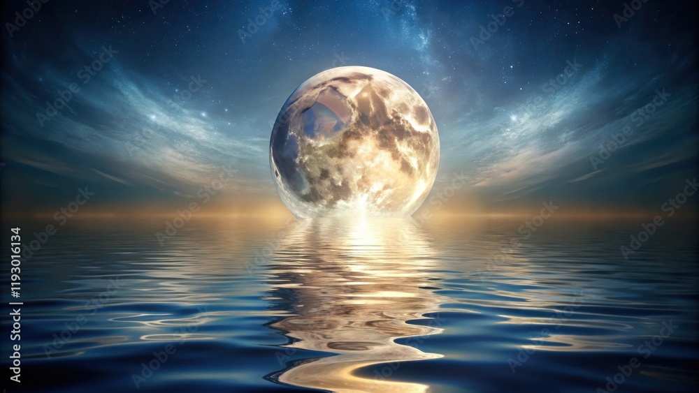 Serene Night Scene Giant Moon Rising Over Calm Ocean Waters Serene Night Scene Giant Moon Rising Over Calm Ocean Waters