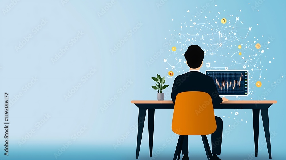 Fototapeta premium Illustration flat art pastel cartoon of business, Young Professional Analyzing Data on a Computer