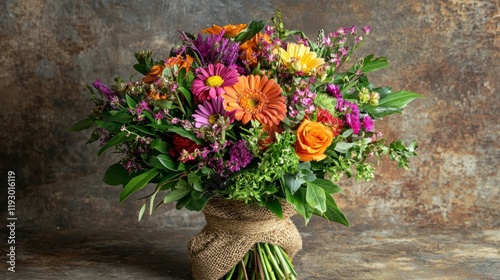 A vibrant bouquet arrangement with mixed seasonal flowers in a rustic wrap.