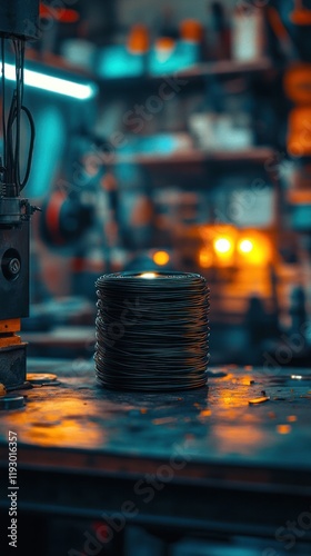 Metalworking Workshop with Various Tools Machinery and Equipment in Use on a Cluttered Workbench in a Gritty Industrial Environment  Concept of Skilled Labor Craftsmanship and Manufacturing