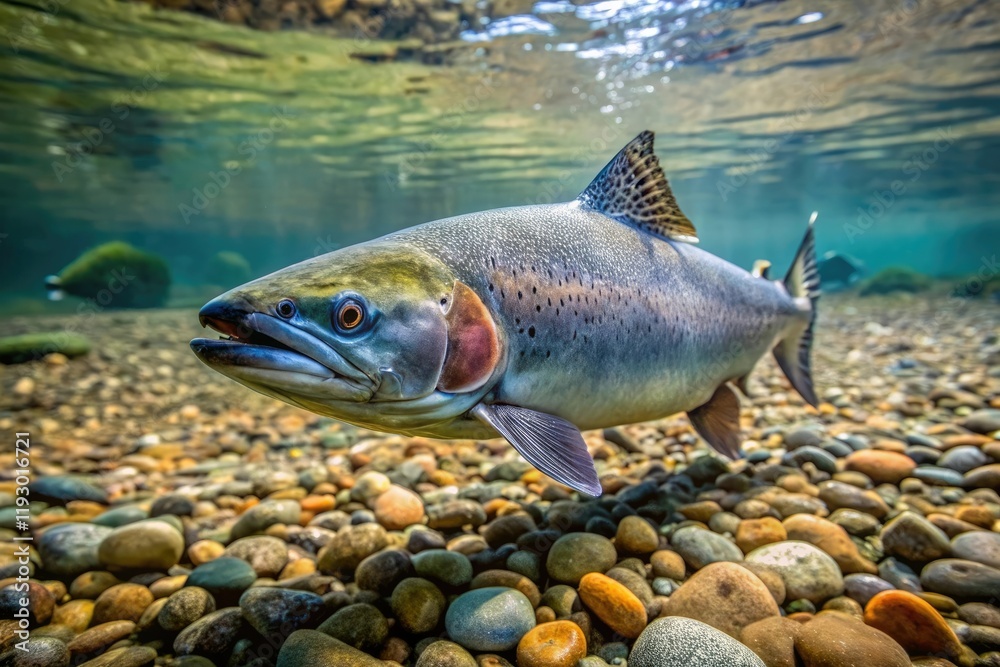 Fototapeta premium A lone salmon navigates a treacherous riverbed, its scales catching sparks from the gravel and rocks below., fish scales, salmon, slime