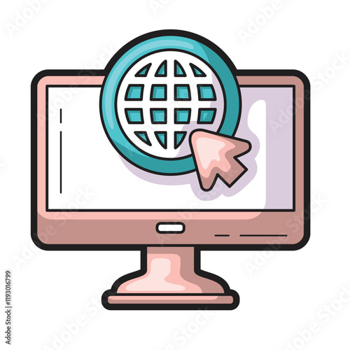 Computer monitor with globe internet, suitable for technology concepts, global communication, online networking, digital business, and virtual reality themes