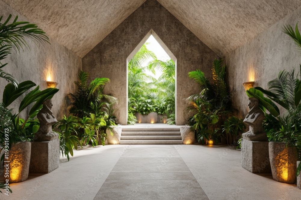 Fototapeta premium A vibrant 3D-rendered view of Uxmal pyramid adorned with Aztec warrior statues and glowing ceremonial fire pits, surrounded by lush jungle