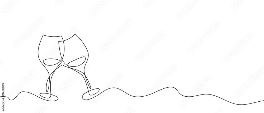 One continuous line of hand-drawn glasses of wine cheering isolated on a white background.