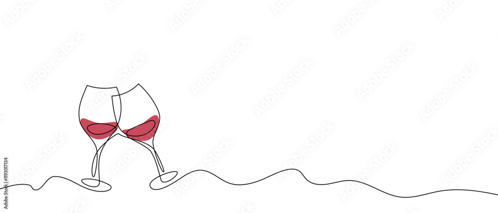 One continuous line of hand-drawn glasses of wine cheering isolated on a white background.