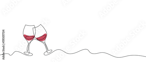 One continuous line of  hand-drawn glasses of wine cheering isolated on a white background.