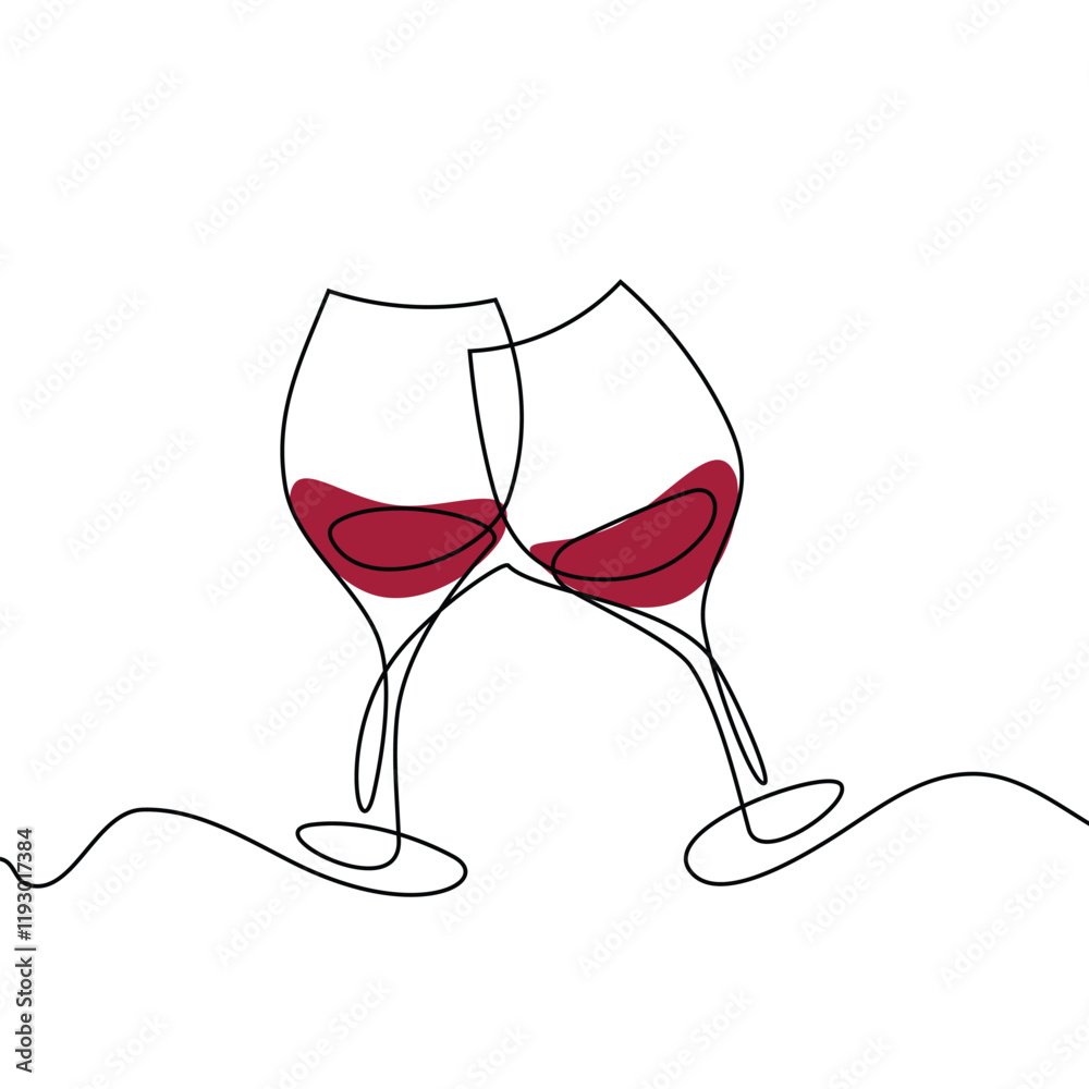 One continuous line of hand-drawn glasses of wine cheering isolated on a white background.