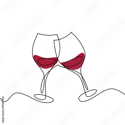 One continuous line of  hand-drawn glasses of wine cheering isolated on a white background.