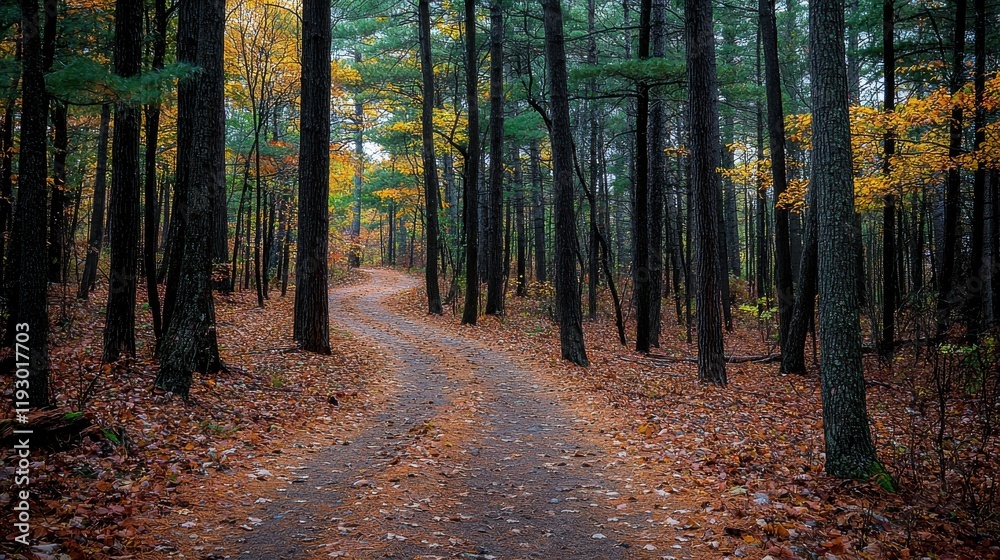 Fototapeta premium Winding forest trail surrounded by tall pines in autumn nature serene environment pathway view