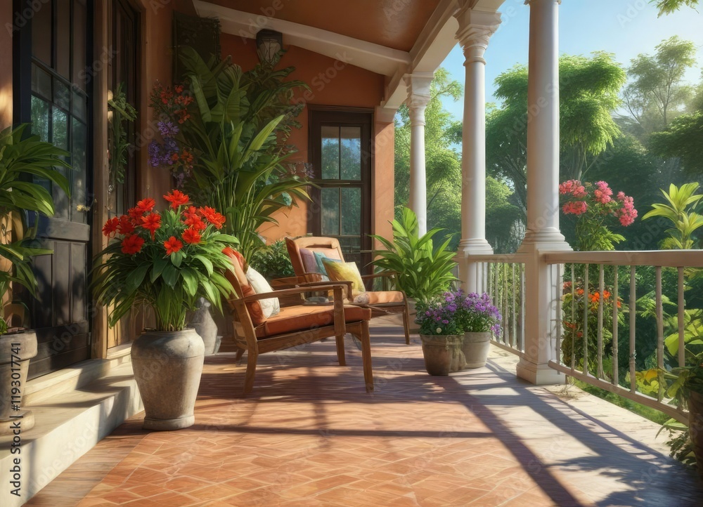 A lovely porch with a sunlit plant showcasing exotic flowers and lush greenery, porch decor, bright colors, trellis A lovely porch with a sunlit plant showcasing exotic flowers and lush greenery, porch decor, bright colors, trellis