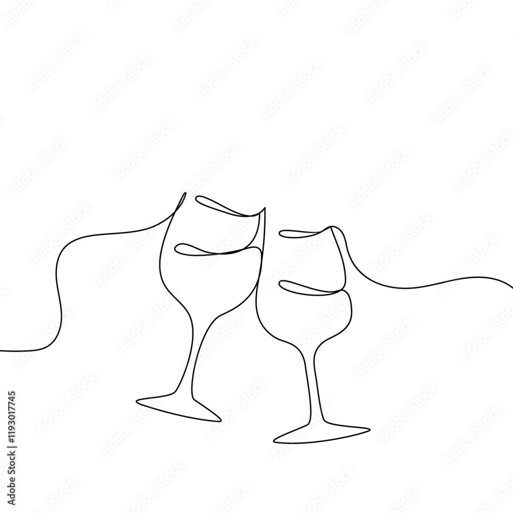 One continuous line of hand-drawn glasses of wine cheering isolated on a white background.