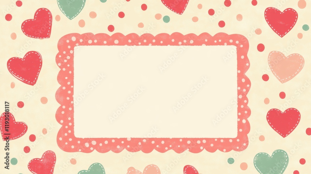 Valentine's Day background cute pink and red hearts border frame on a pastel polka dots pattern empty space backdrop Valentine's Day background cute pink and red hearts border frame on a pastel polka dots pattern empty space backdrop