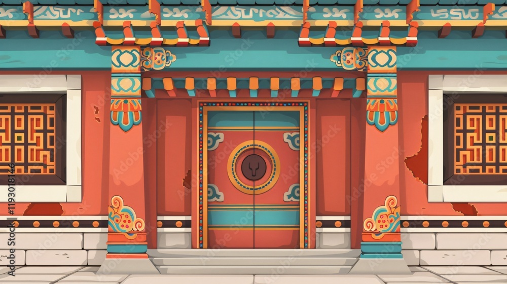 Exquisite Bhutan Style Door and Wall Entrance Cartoon Background Exquisite Bhutan Style Door and Wall Entrance Cartoon Background