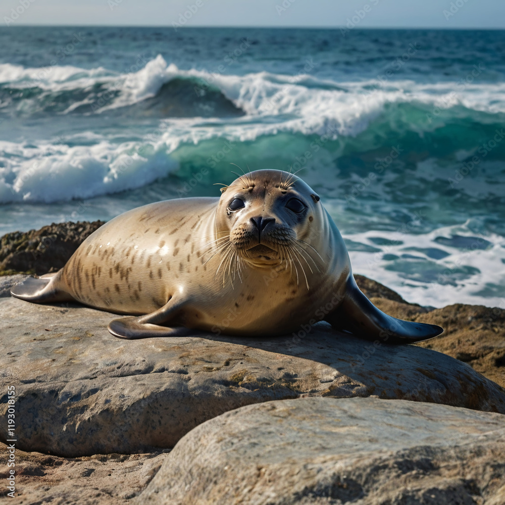 Fototapeta premium Seal Resting on a Rock by the Ocean