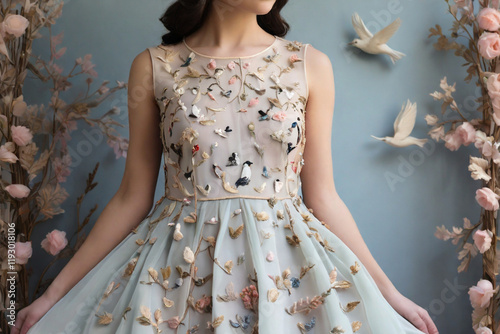 A light pastel frock with tiny embroidered birds