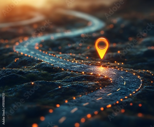 Abstract winding road with a glowing destination icon at the end.