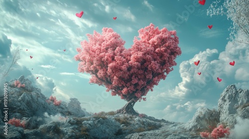 A heart-shaped pink tree on rocky terrain with floating red hearts in a fantasy setting