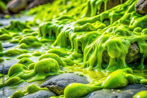 A mass of chartreuse slime spreading across a rocky surface, chartreuse, lichen, scientific photography