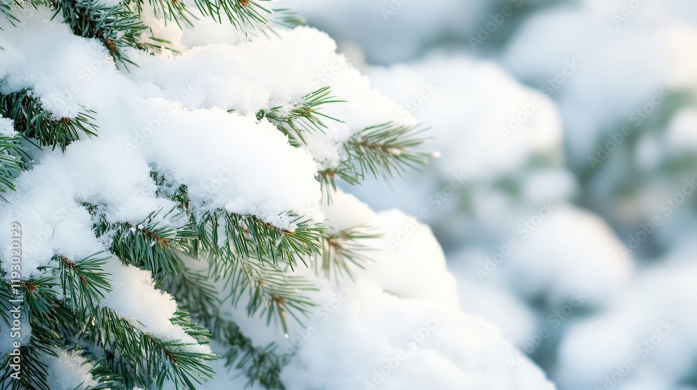 Close up of snow covered pine tree branches in soft sunlight during winter season outdoors Close up of snow covered pine tree branches in soft sunlight during winter season outdoors