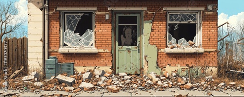 Earthquakedamaged house in a digital art style, with shattered windows, cracked foundation, and rubble, capturing the devastation and aftermath of a natural disaster photo