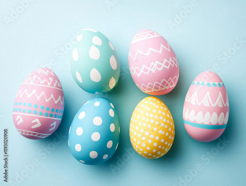 Colorful easter eggs display studio setting photography bright blue background overhead angle festive traditions photo