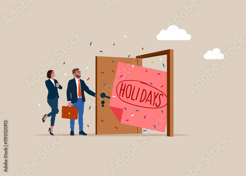Business people opening a door to see to see holidays or vacation. Business people jumping with joy. Company holidays for employees. Modern flat vector illustration 