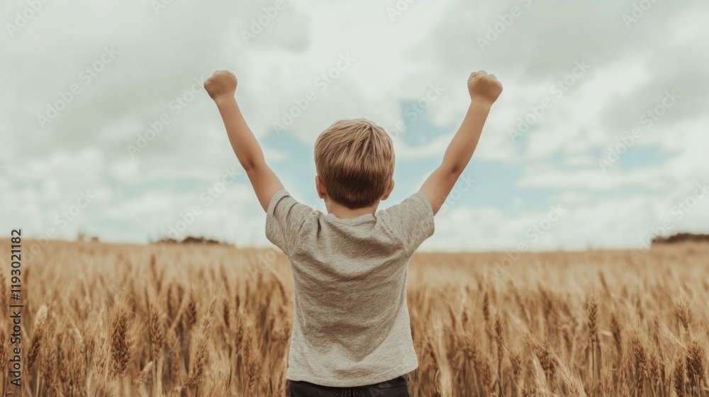 Boy celebrates success in a wheat field. Boy celebrates success in a wheat field.