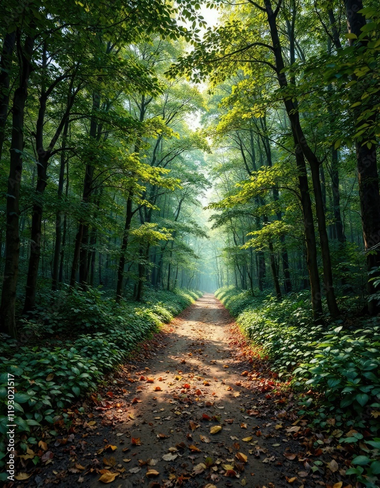 Obraz premium A narrow dirt path in the heart of a dense green forest with fallen leaves on the ground, dense foliage, autumn leaves, tree-lined trail