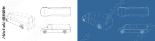 delivery van vector back view line art draw blueprint wireframe on isolated on transparent background