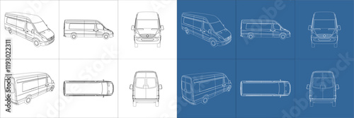 vector delivery van all side view line art draw blueprint wireframe on isolated on transparent background