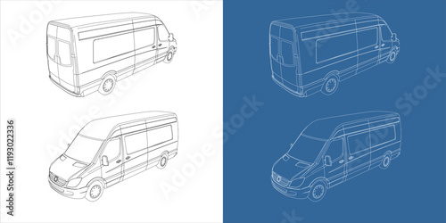 delivery van vector isometric view line art draw blueprint wireframe on isolated on transparent background