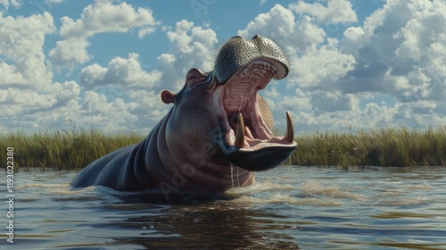 Hippopotamus in a marsh, mouth open, sunny day. Possible use Stock photo photo