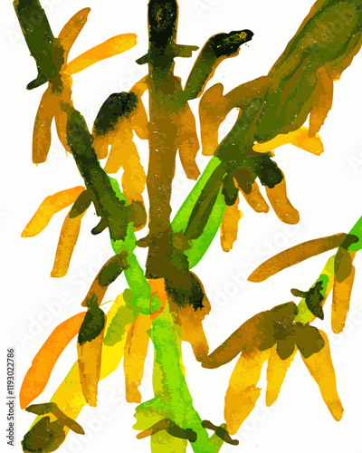 branch of a bamboo tree Bambusa vulgaris- Ink - Hand painted