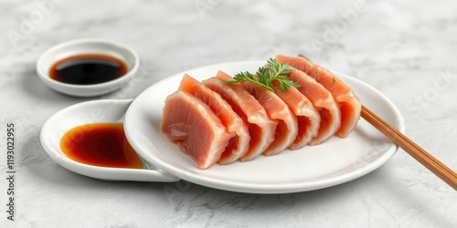 A photo of a beautifully arranged tuna tartan on a white plate with soy sauce and chopsticks nearby, oceanfood, sushi photo