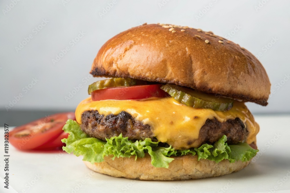 A cheeseburger with a perfectly toasted bun and melted cheese, lunch, cheeseburger A cheeseburger with a perfectly toasted bun and melted cheese, lunch, cheeseburger