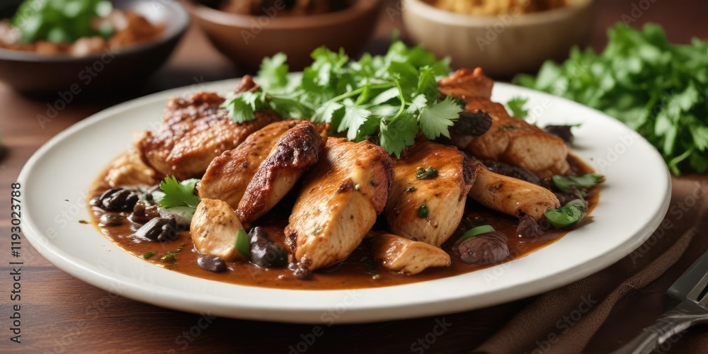 A plate of chicken covered in a thick and creamy mole poblano sauce, garnished with fresh cilantro , mole poblano, flavorful meal, chicken A plate of chicken covered in a thick and creamy mole poblano sauce, garnished with fresh cilantro , mole poblano, flavorful meal, chicken